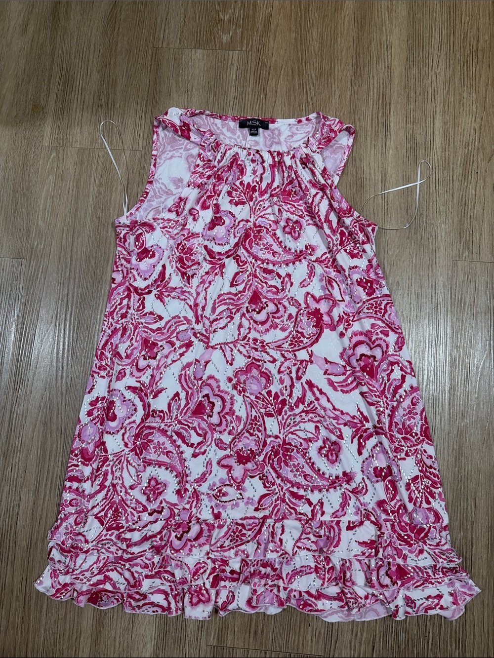 MSK White and Pink Floral Ruffle-Hem Sleeveless Dress XLp